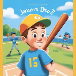 Create a children's book cover featuring a young boy playing baseball on a baseball field