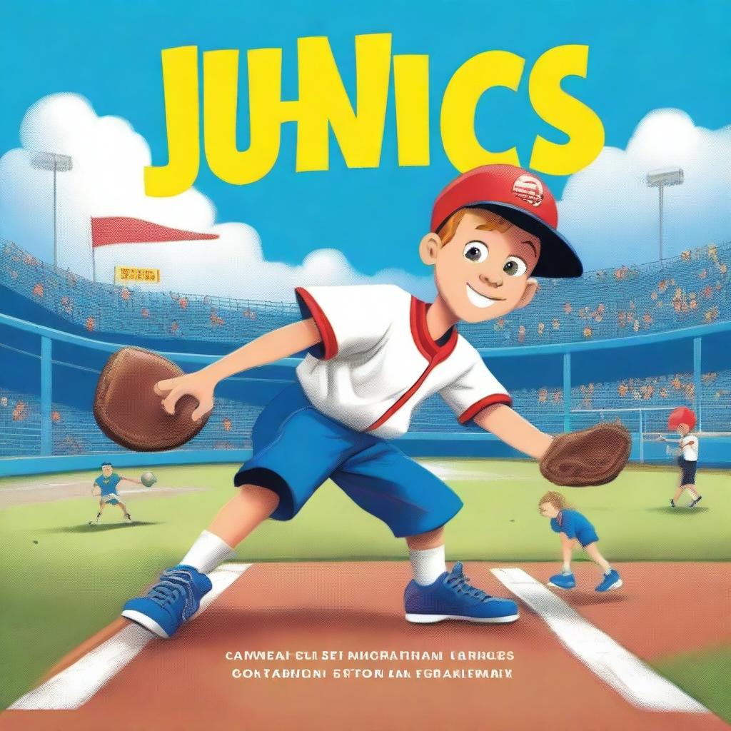 Create a children's book cover featuring a young boy playing baseball on a baseball field