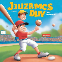 Create a children's book cover featuring a young boy playing baseball on a baseball field