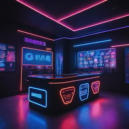 A high tech gaming platform named 'Game ON', featuring neon lights, modern design, futuristic interface, and an underlying vibe of excitement and adventure.