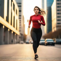 A beautiful 23-year-old woman with wide hips and a large chest is running in the middle of the city during sunset