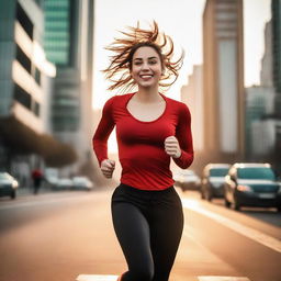 A beautiful 23-year-old woman with wide hips and a large chest is running in the middle of the city during sunset