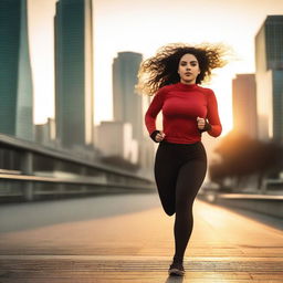 A beautiful 23-year-old woman with wide hips and a large chest is running in the middle of the city during sunset