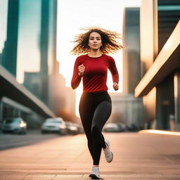 A beautiful 23-year-old woman with wide hips and a large chest is running in the middle of the city during sunset