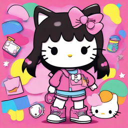 A 2000s-themed Hello Kitty character with dark hair, wearing a stylish outfit typical of the early 2000s