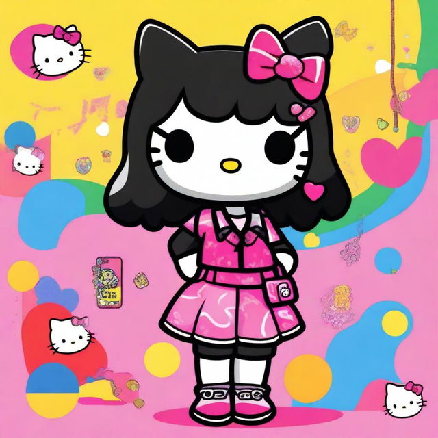 A 2000s-themed Hello Kitty character with dark hair, wearing a stylish outfit typical of the early 2000s