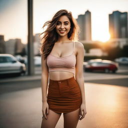 A beautiful 23-year-old woman with wide hips and a large chest is standing in the middle of the city during sunset