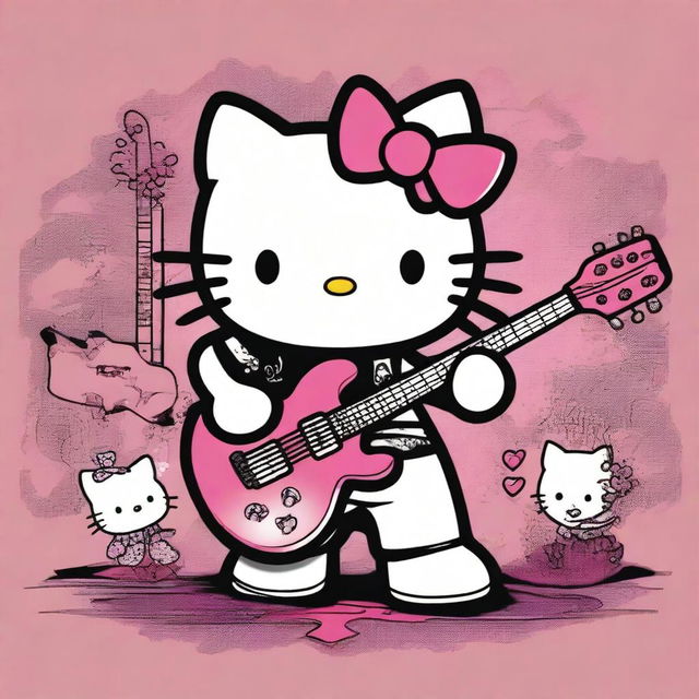 A unique fusion of Hello Kitty and Nirvana, featuring Hello Kitty dressed in grunge attire inspired by Nirvana