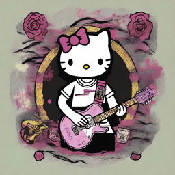 A unique fusion of Hello Kitty and Nirvana, featuring Hello Kitty dressed in grunge attire inspired by Nirvana