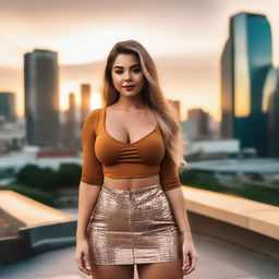 A beautiful 23-year-old woman with wide hips and an exceptionally large chest is standing in the middle of the city during sunset