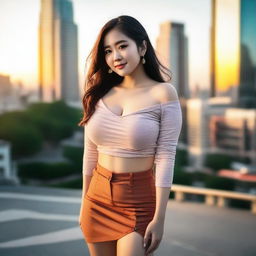 A beautiful 23-year-old Asian woman with wide hips and very large breasts that are visible through her shirt is standing in the middle of the city during sunset