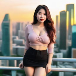 A beautiful 23-year-old Asian woman with wide hips and very large breasts that are visible through her shirt is standing in the middle of the city during sunset