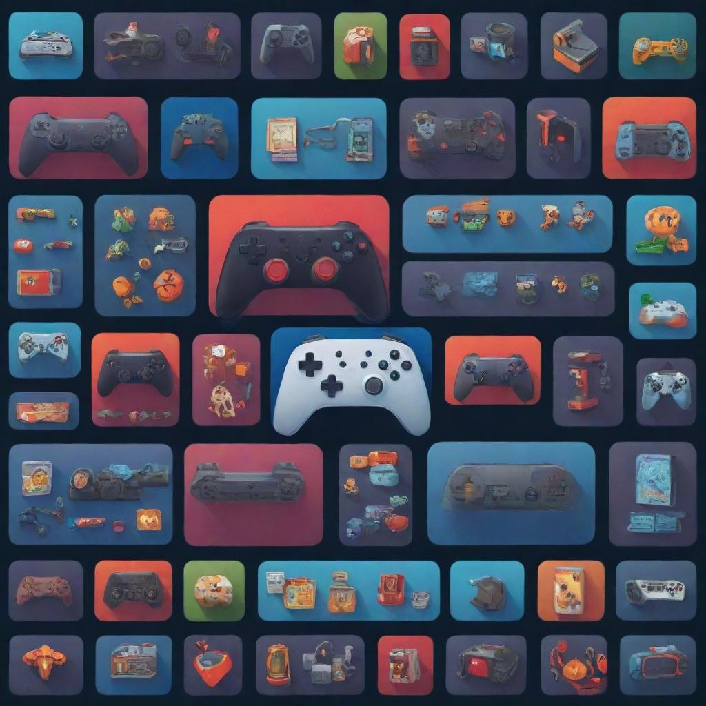 An immersive background for a gaming platform named 'Game ON', reminiscent of Steam's aesthetic, featuring elements of game iconography, bold colors, and a slick, digital design.