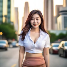 A beautiful 23-year-old Asian woman with wide hips and very large breasts that are visible through her shirt is standing in the middle of the city during sunset