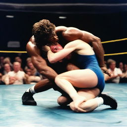 A man holding a woman in a full nelson wrestling move