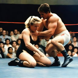 A man holding a woman in a full nelson wrestling move