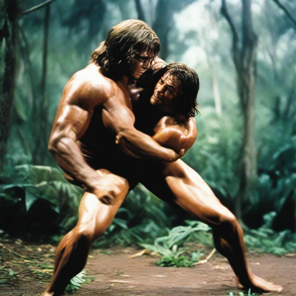 Tarzan holding an opponent in a full nelson wrestling move