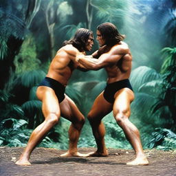 Tarzan holding an opponent in a full nelson wrestling move