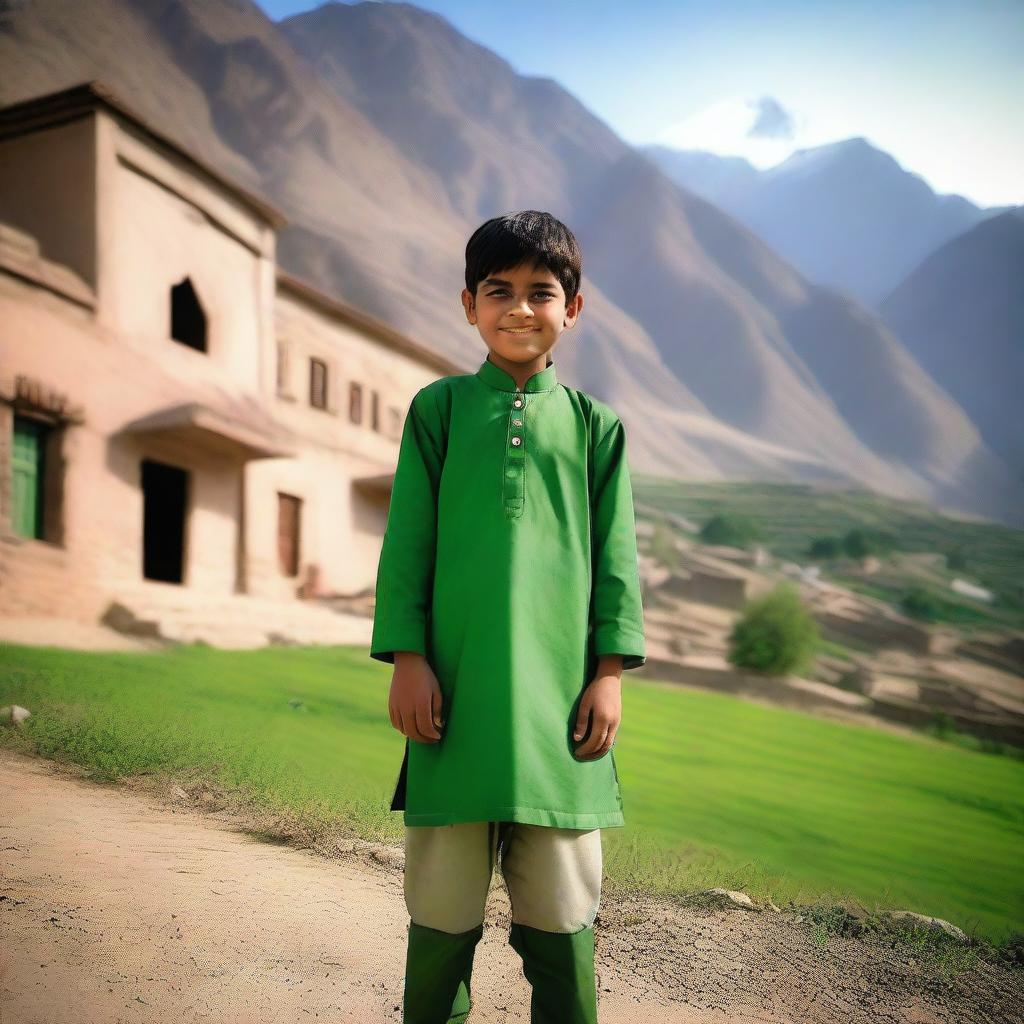 A traditional Pakistani boy wearing traditional attire, such as a shalwar kameez, standing in a picturesque village setting