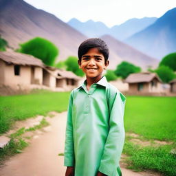 A traditional Pakistani boy wearing traditional attire, such as a shalwar kameez, standing in a picturesque village setting