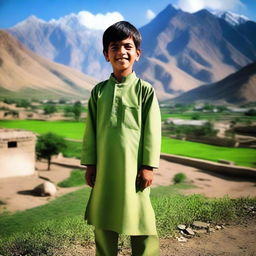 A traditional Pakistani boy wearing traditional attire, such as a shalwar kameez, standing in a picturesque village setting