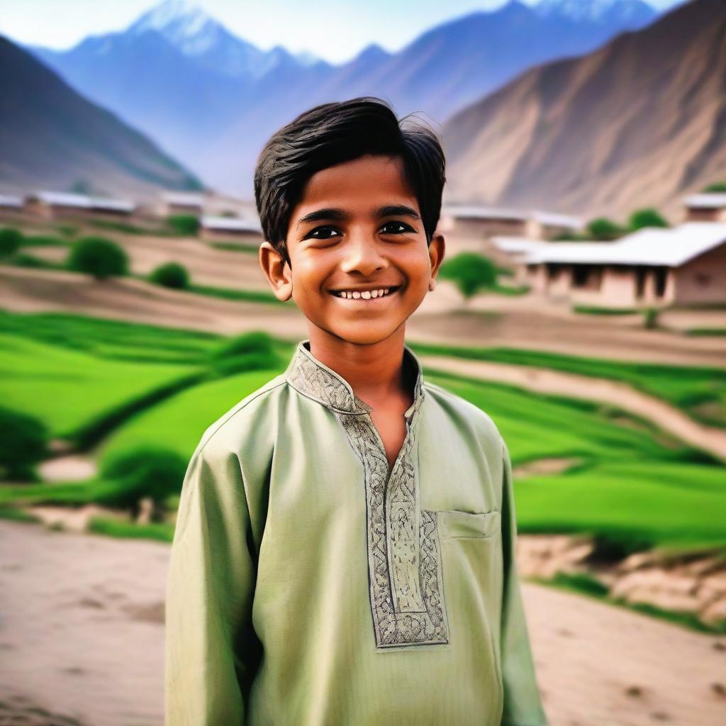 A traditional Pakistani boy wearing traditional attire, such as a shalwar kameez, standing in a picturesque village setting