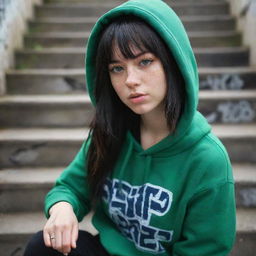 casual photograpy medium body,black with blue letters hip hop stamp hoodie, female , 23 year old with green eyes and black long hai with withe streaks in the bangs .,freckles, selfo, graffiti background stairs, medium distance shot, 4k hd,  --styerw--v 5.2 ar 2-3