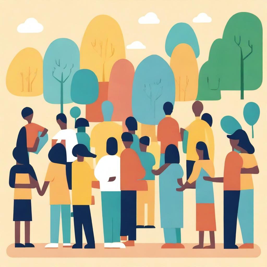 Create an image depicting public welfare, showing a diverse group of people receiving community support services such as healthcare, education, and food assistance in a welcoming environment