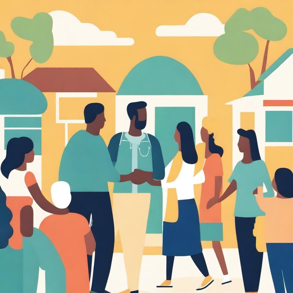 Create an image depicting public welfare, showing a diverse group of people receiving community support services such as healthcare, education, and food assistance in a welcoming environment