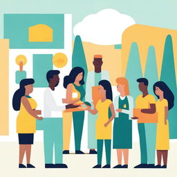 Create an image depicting public welfare, showing a diverse group of people receiving community support services such as healthcare, education, and food assistance in a welcoming environment