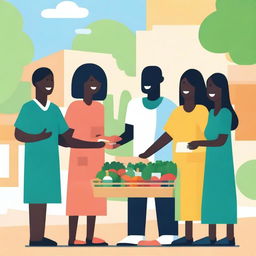 Create an image depicting public welfare, showing a diverse group of people receiving community support services such as healthcare, education, and food assistance in a welcoming environment