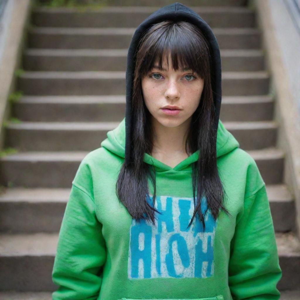 casual photograpy medium body,black with blue letters hip hop stamp hoodie, female , 23 year old with green eyes and black long hai with withe streaks in the bangs .,freckles, selfo, graffiti background stairs, medium distance shot, 4k hd,  --styerw--v 5.2 ar 2-3