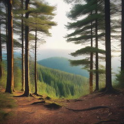 Create an image depicting a vast forest stretching into the distance under our feet, evoking a sense of boundless expanse