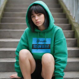 casual photograpy medium body,black with blue letters hip hop stamp hoodie, female , 23 year old with green eyes and black long hai with withe streaks in the bangs .,freckles, selfo, graffiti background stairs, medium distance shot, 4k hd,  --styerw--v 5.2 ar 2-3