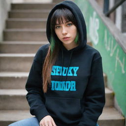 casual photograpy medium body,black with blue letters hip hop stamp hoodie, female , 23 year old with green eyes and black long hai with withe streaks in the bangs .,freckles, selfo, graffiti background stairs, medium distance shot, 4k hd,  --styerw--v 5.2 ar 2-3