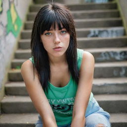 casual photograpy medium body, hip hop style, female , 23 year old with green eyes and black long hai with withe streaks in the bangs .,freckles, selfo, graffiti background stairs, medium distance shot, 4k hd,  --styerw--v 5.2 ar 2-3