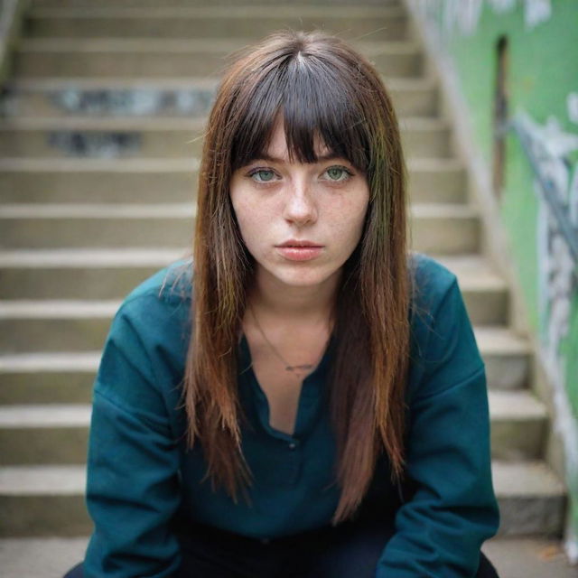 casual photograpy medium body, hip hop style, female , 23 year old with green eyes and black long hai with withe streaks in the bangs .,freckles, selfo, graffiti background stairs, medium distance shot, 4k hd,  --styerw--v 5.2 ar 2-3
