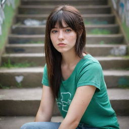 casual photograpy medium body, hip hop style, female , 23 year old with green eyes and black long hai with withe streaks in the bangs .,freckles, selfo, graffiti background stairs, medium distance shot, 4k hd,  --styerw--v 5.2 ar 2-3