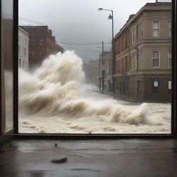 Create an image depicting a terrifying scene viewed through a window, where a once bustling street is now overtaken by raging waves with roaring winds and foam