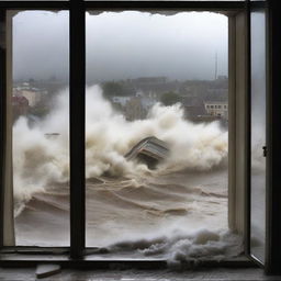 Create an image depicting a terrifying scene viewed through a window, where a once bustling street is now overtaken by raging waves with roaring winds and foam