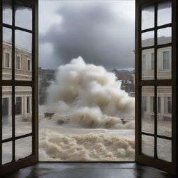 Create an image depicting a terrifying scene viewed through a window, where a once bustling street is now overtaken by raging waves with roaring winds and foam