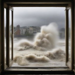 Create an image depicting a terrifying scene viewed through a window, where a once bustling street is now overtaken by raging waves with roaring winds and foam