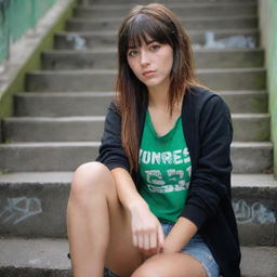 casual photograpy medium body, hip hop style, female , 23 year old with green eyes and black long hai with withe streaks in the bangs .,freckles, selfo, graffiti background stairs, medium distance shot, 4k hd,  --styerw--v 5.2 ar 2-3