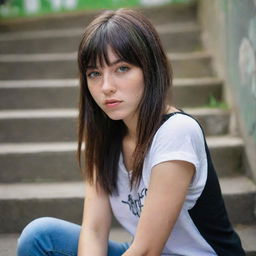 casual photograpy medium body, hip hop style, female , 23 year old with green eyes and black long hai with withe streaks in the bangs .,freckles, selfo, graffiti background stairs, medium distance shot, 4k hd,  --styerw--v 5.2 ar 2-3