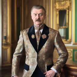 Create an image of Pavel Afanasievich Famusov with short hair, no mustache, and an ornate suit in a grand, luxurious room.