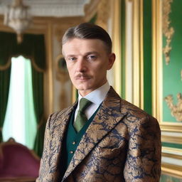 Create an image of Pavel Afanasievich Famusov with short hair, no mustache, and an ornate suit in a grand, luxurious room.