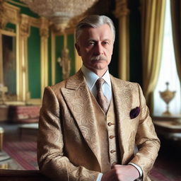 Create an image of Pavel Afanasievich Famusov with short hair, no mustache, and an ornate suit in a grand, luxurious room.