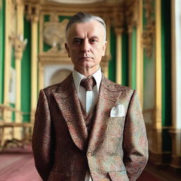 Create an image of Pavel Afanasievich Famusov with short hair, no mustache, and an ornate suit in a grand, luxurious room.