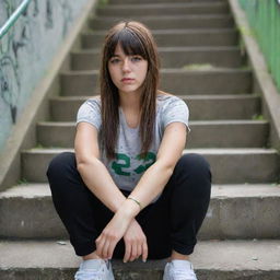 casual photograpy medium body, hip hop style, female , 23 year old with green eyes and black long hai with withe streaks in the bangs .,freckles, selfo, graffiti background stairs, medium distance shot, 4k hd,  --styerw--v 5.2 ar 2-3