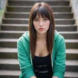 casual photograpy medium body, hip hop style, female , 23 year old with green eyes and black long hai with withe streaks in the bangs .,freckles, selfo, graffiti background stairs, medium distance shot, 4k hd,  --styerw--v 5.2 ar 2-3